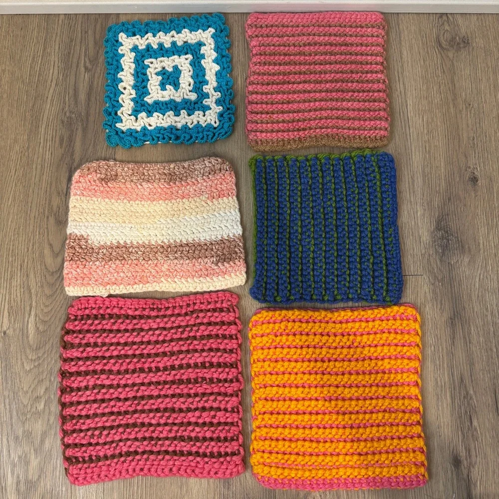 Handmade Crochet Potholders Set of 6 Multi Color Striped Square Hot Pads 7x7